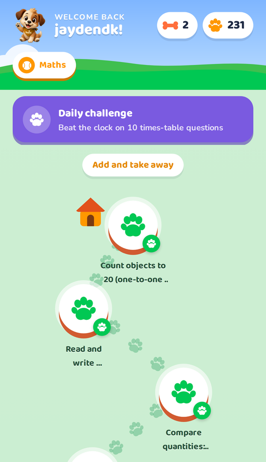 Blaffie's home screen showing a winding path of maths skills and a daily challenge card
