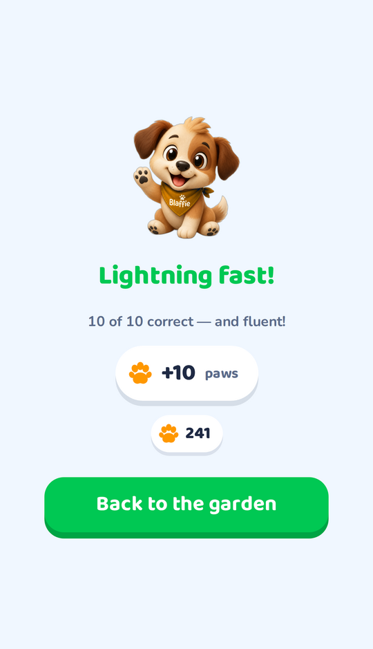 A results screen reading Lightning fast, nine of ten correct, plus ten paws